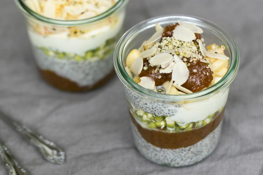 Chia apricot breakfast with fresh sprouts