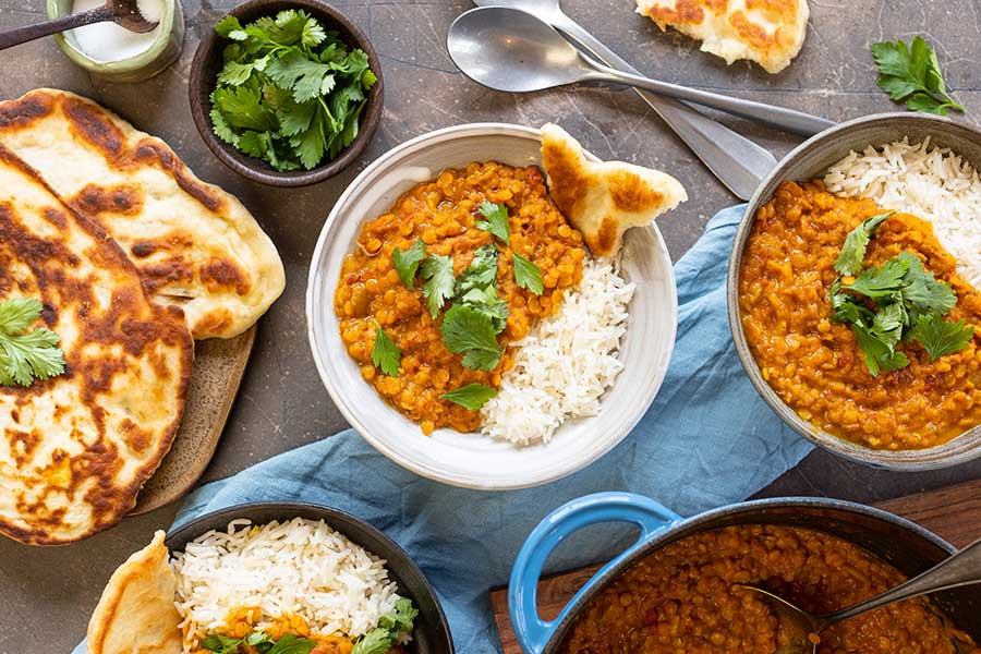 Warm Lentil Dal with Naan and Rice